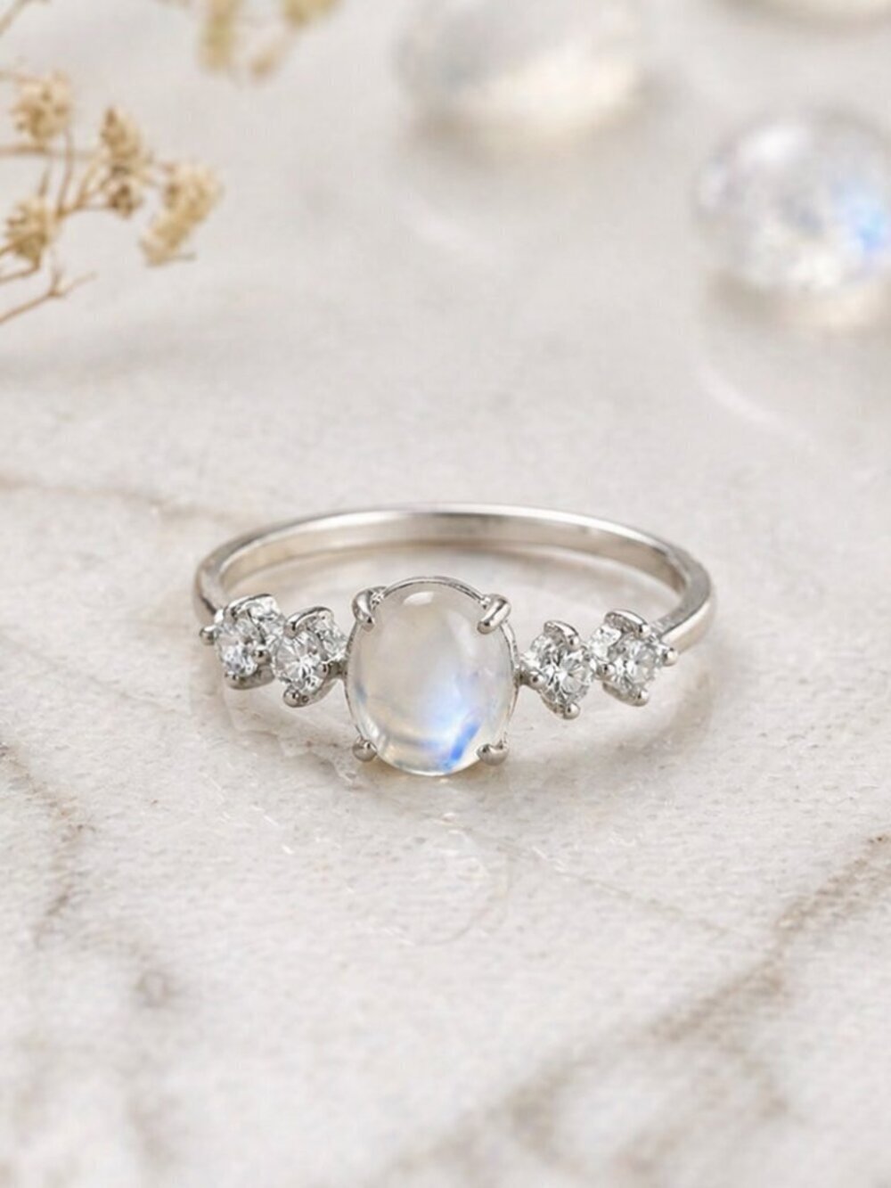 Celestial Dainty 925 Silver Genuine Moonstone CZ Minimalist Ring Size 7 - Picture 13 of 15